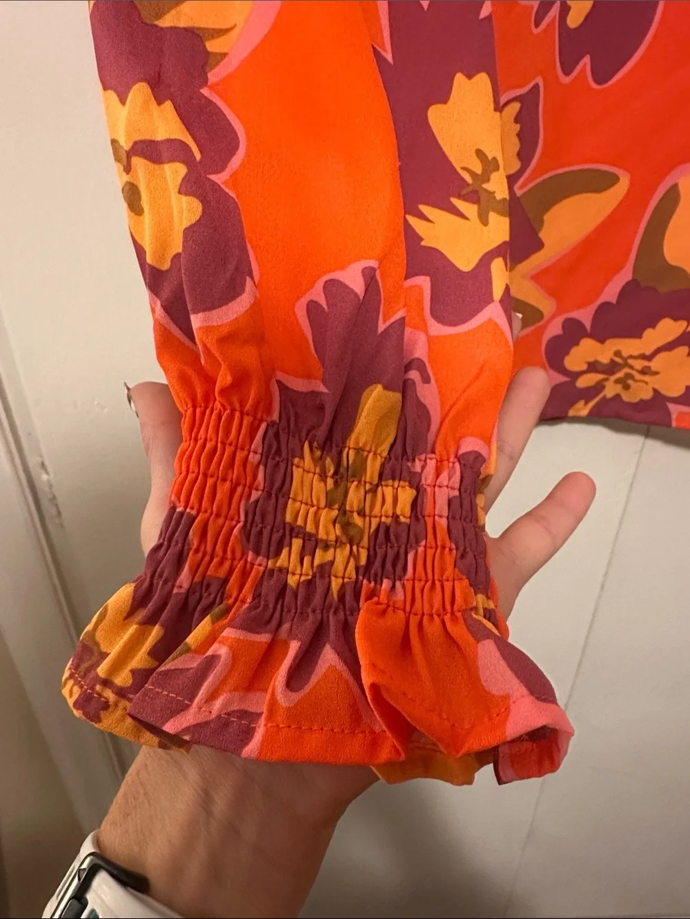 NWT Bright Orange Floral Ruffle-Neck Blouse - Picture 3 of 5